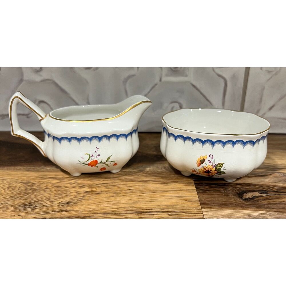 Enoch Wedgwood Tunstall Lowestoft Floral Creamer & Sugar England Vintage